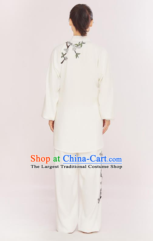 Professional Chinese Tai Chi Competition White Suits Martial Arts Kung Fu Training Clothing Wushu Performance Embroidered Plum Blossom Uniforms