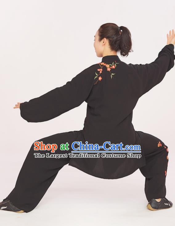 Professional Chinese Wushu Performance Embroidered Plum Blossom Uniforms Tai Chi Competition Black Suits Martial Arts Kung Fu Training Clothing