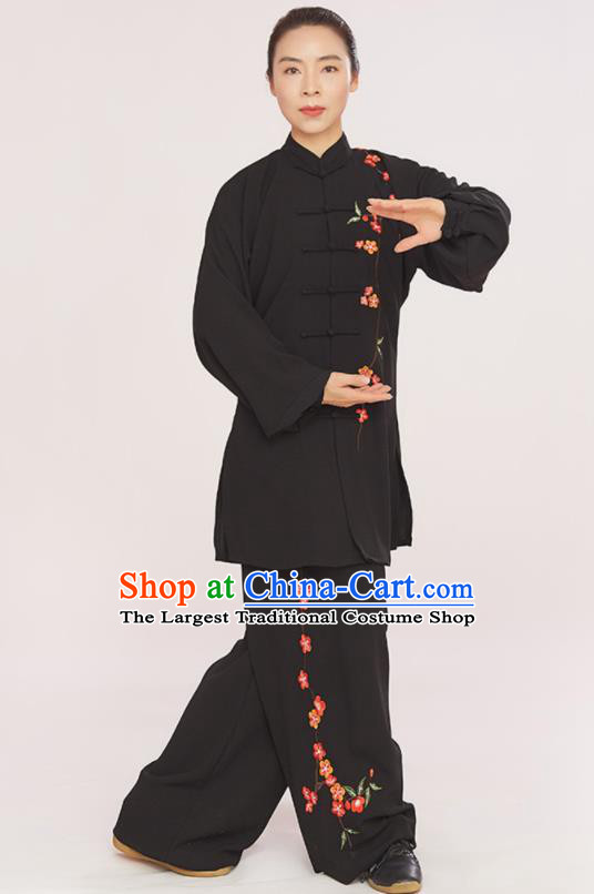 Professional Chinese Wushu Performance Embroidered Plum Blossom Uniforms Tai Chi Competition Black Suits Martial Arts Kung Fu Training Clothing