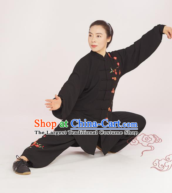 Professional Chinese Wushu Performance Embroidered Plum Blossom Uniforms Tai Chi Competition Black Suits Martial Arts Kung Fu Training Clothing