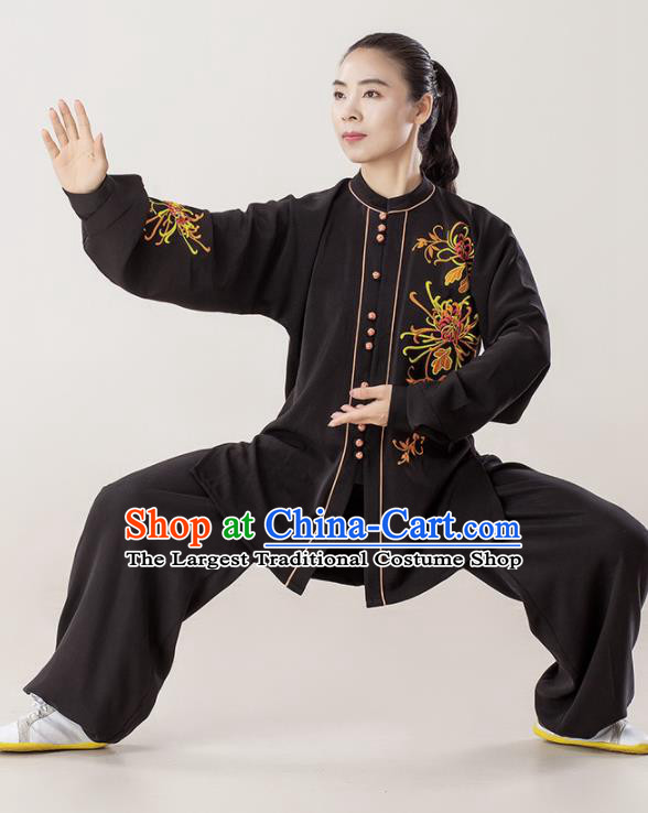 Professional Chinese Tai Chi Competition Black Suits Martial Arts Clothing Kung Fu Garments Wushu Performance Embroidered Chrysanthemum Uniforms
