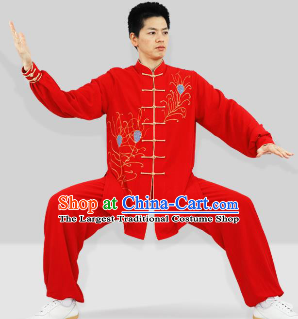 Chinese Adults Kung Fu Show Clothing Martial Arts Garment Costumes Tai Chi Competition Red Uniforms