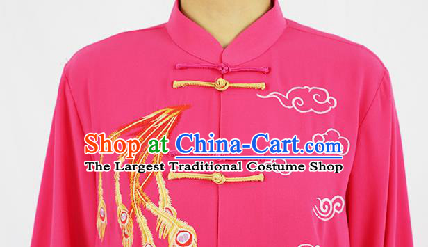 Professional Chinese Kung Fu Wushu Embroidered Phoenix Uniforms Tai Ji Competition Rosy Suits Martial Arts Performance Clothing Tai Chi Costumes