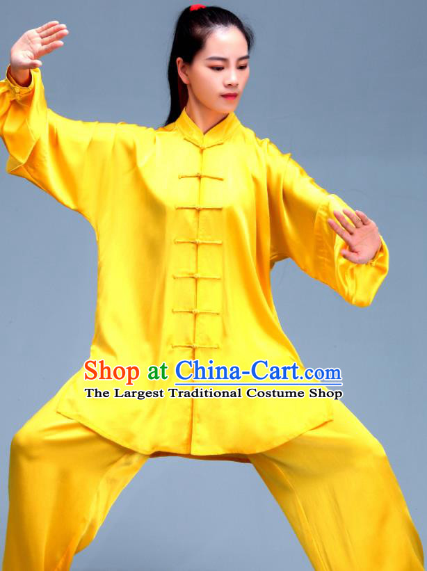 Professional Chinese Martial Arts Yellow Silk Outfits Tai Chi Performance Costumes Kung Fu Wushu Uniforms Tai Ji Competition Clothing