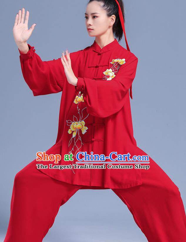 Professional Chinese Kung Fu Wushu Competition Uniforms Tai Ji Clothing Martial Arts Embroidered Red Outfits Tai Chi Performance Costumes