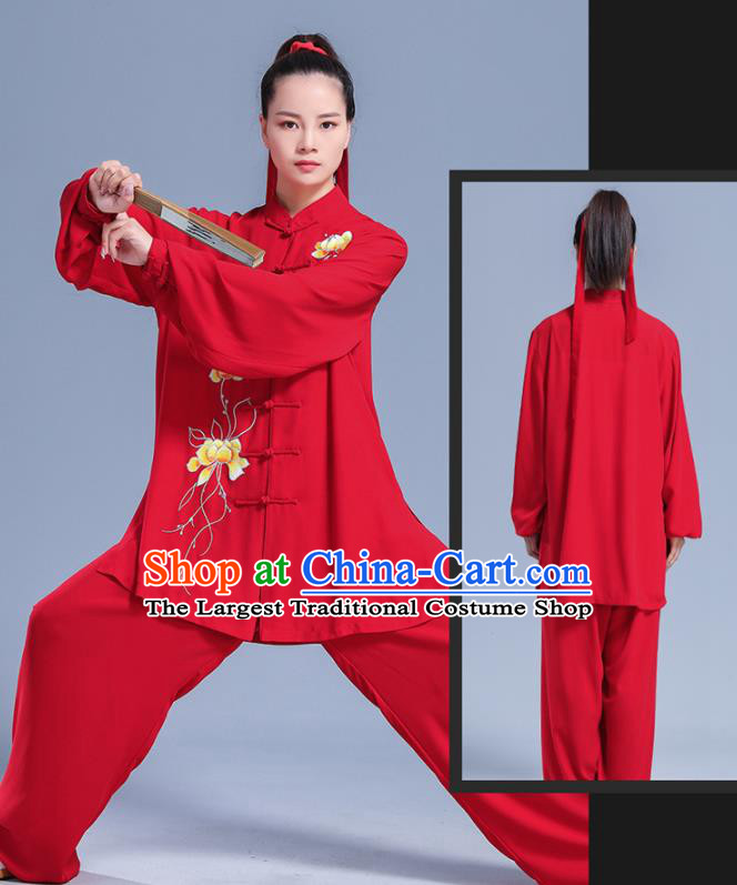 Professional Chinese Kung Fu Wushu Competition Uniforms Tai Ji Clothing Martial Arts Embroidered Red Outfits Tai Chi Performance Costumes