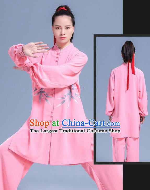 Professional Chinese Tai Ji Competition Clothing Martial Arts Printing Bamboo Leaf Pink Outfits Tai Chi Costumes Kung Fu Performance Uniforms