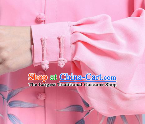 Professional Chinese Tai Ji Competition Clothing Martial Arts Printing Bamboo Leaf Pink Outfits Tai Chi Costumes Kung Fu Performance Uniforms