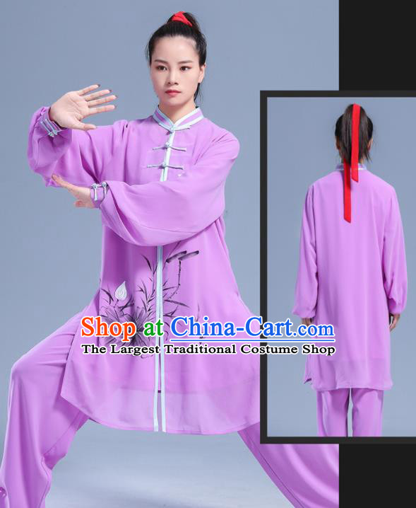 Professional Chinese Kung Fu Performance Uniforms Tai Ji Competition Clothing Martial Arts Printing Lotus Purple Outfits Tai Chi Costumes