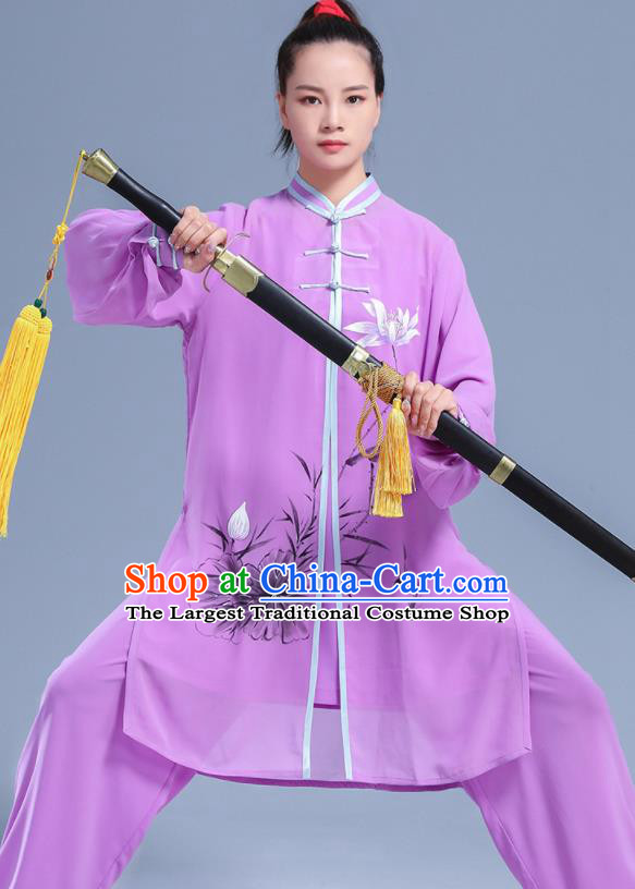 Professional Chinese Kung Fu Performance Uniforms Tai Ji Competition Clothing Martial Arts Printing Lotus Purple Outfits Tai Chi Costumes