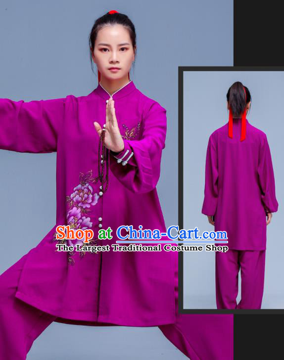 Professional Chinese Tai Ji Sword Performance Clothing Martial Arts Printing Peony Purple Outfits Tai Chi Training Costumes Kung Fu Uniforms
