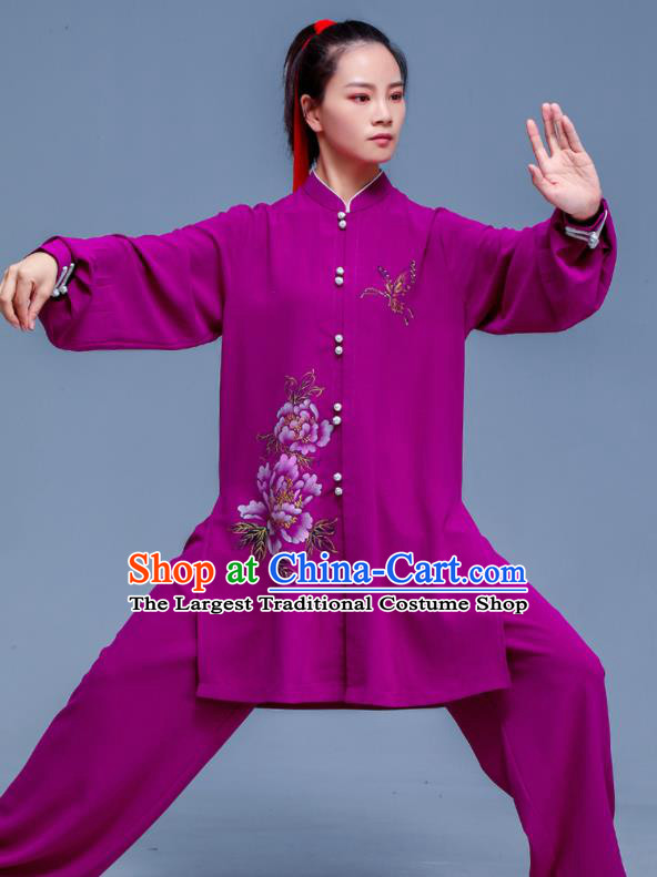 Professional Chinese Tai Ji Sword Performance Clothing Martial Arts Printing Peony Purple Outfits Tai Chi Training Costumes Kung Fu Uniforms