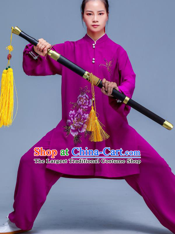 Professional Chinese Tai Ji Sword Performance Clothing Martial Arts Printing Peony Purple Outfits Tai Chi Training Costumes Kung Fu Uniforms