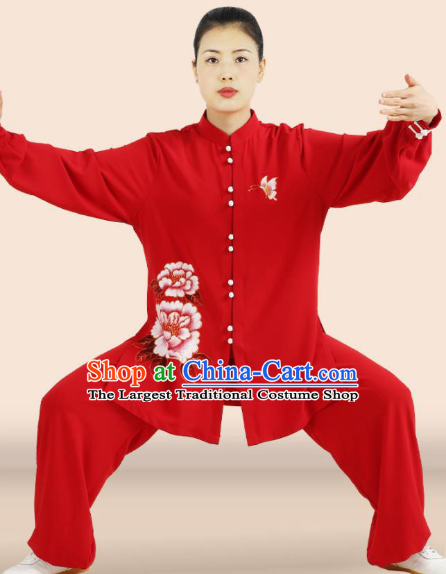 Professional Chinese Tai Ji Competition Suits Martial Arts Clothing Kung Fu Tai Chi Costumes Wushu Hand Painting Peony Red Uniforms