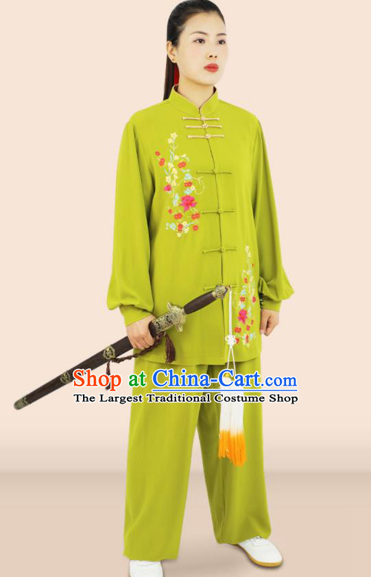 Professional Chinese Kung Fu Tai Chi Costumes Wushu Performance Embroidered Green Uniforms Tai Ji Competition Suits Martial Arts Clothing