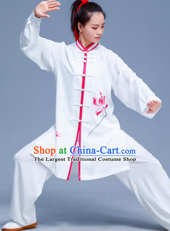 Professional Chinese Martial Arts Performance Clothing Tai Ji Printing Lotus White Outfits Tai Chi Training Uniforms Kung Fu Costumes