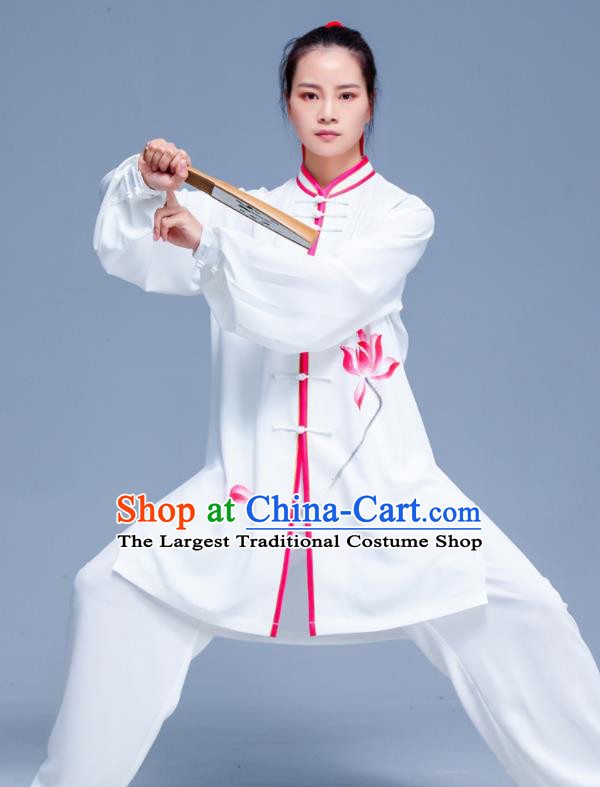 Professional Chinese Martial Arts Performance Clothing Tai Ji Printing Lotus White Outfits Tai Chi Training Uniforms Kung Fu Costumes