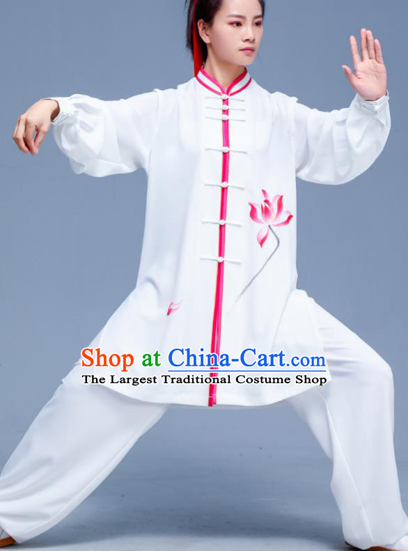 Professional Chinese Martial Arts Performance Clothing Tai Ji Printing Lotus White Outfits Tai Chi Training Uniforms Kung Fu Costumes