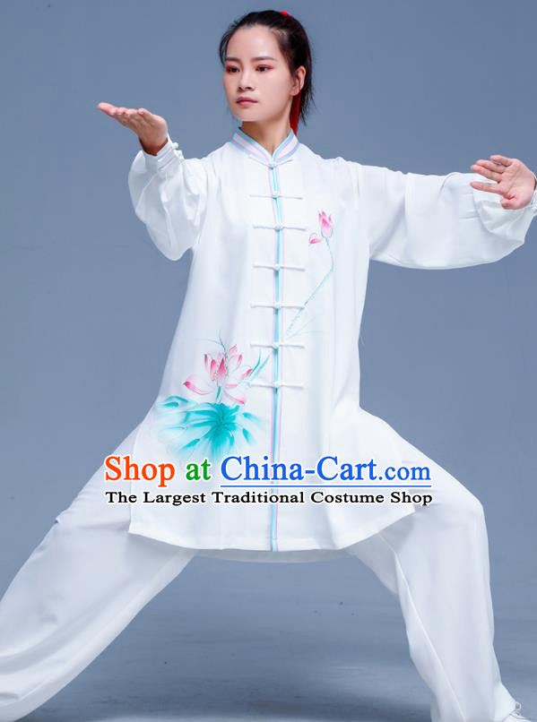 Professional Chinese Kung Fu Costumes Martial Arts Performance Clothing Tai Ji Printing Lotus White Outfits Tai Chi Training Uniforms
