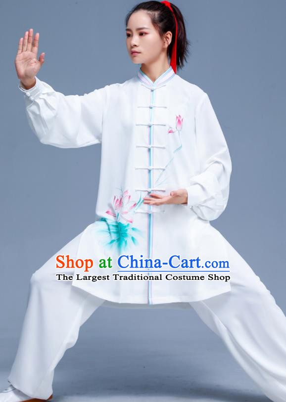 Professional Chinese Kung Fu Costumes Martial Arts Performance Clothing Tai Ji Printing Lotus White Outfits Tai Chi Training Uniforms