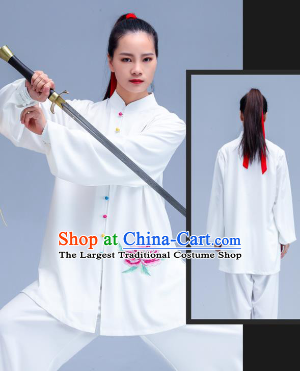 Professional Chinese Tai Chi Training White Uniforms Kung Fu Performance Outfits Martial Arts Embroidered Peony Clothing Zen Costumes