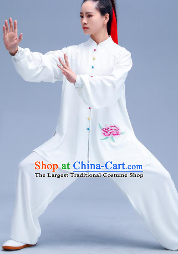 Professional Chinese Tai Chi Training White Uniforms Kung Fu Performance Outfits Martial Arts Embroidered Peony Clothing Zen Costumes