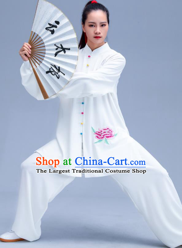 Professional Chinese Tai Chi Training White Uniforms Kung Fu Performance Outfits Martial Arts Embroidered Peony Clothing Zen Costumes