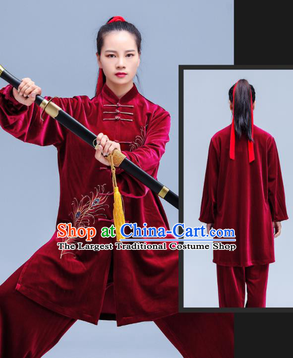 Professional Chinese Tai Ji Sword Performance Costumes Tai Chi Training Uniforms Kung Fu Red Pleuche Outfits Martial Arts Competition Clothing