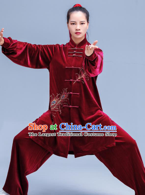 Professional Chinese Tai Ji Sword Performance Costumes Tai Chi Training Uniforms Kung Fu Red Pleuche Outfits Martial Arts Competition Clothing