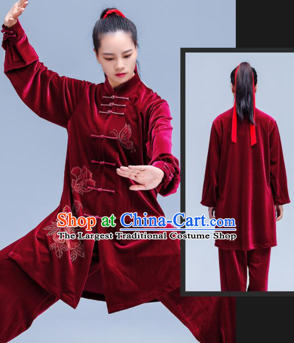 Professional Chinese Martial Arts Competition Clothing Tai Ji Sword Performance Costumes Tai Chi Training Uniforms Kung Fu Wine Red Pleuche Outfits