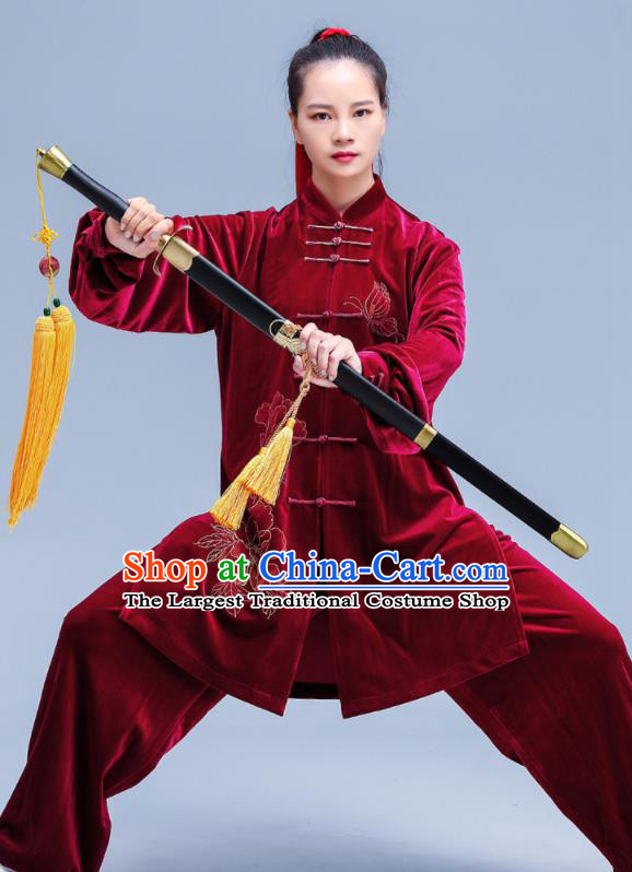 Professional Chinese Martial Arts Competition Clothing Tai Ji Sword Performance Costumes Tai Chi Training Uniforms Kung Fu Wine Red Pleuche Outfits