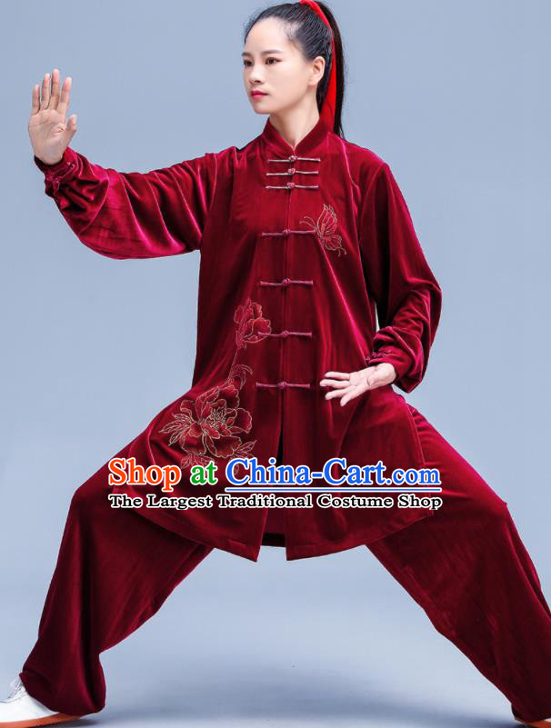Professional Chinese Martial Arts Competition Clothing Tai Ji Sword Performance Costumes Tai Chi Training Uniforms Kung Fu Wine Red Pleuche Outfits