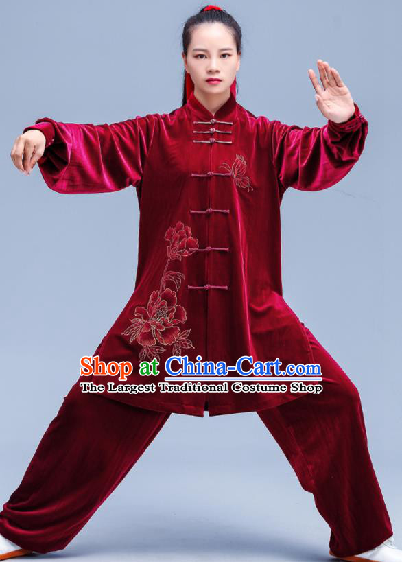 Professional Chinese Martial Arts Competition Clothing Tai Ji Sword Performance Costumes Tai Chi Training Uniforms Kung Fu Wine Red Pleuche Outfits