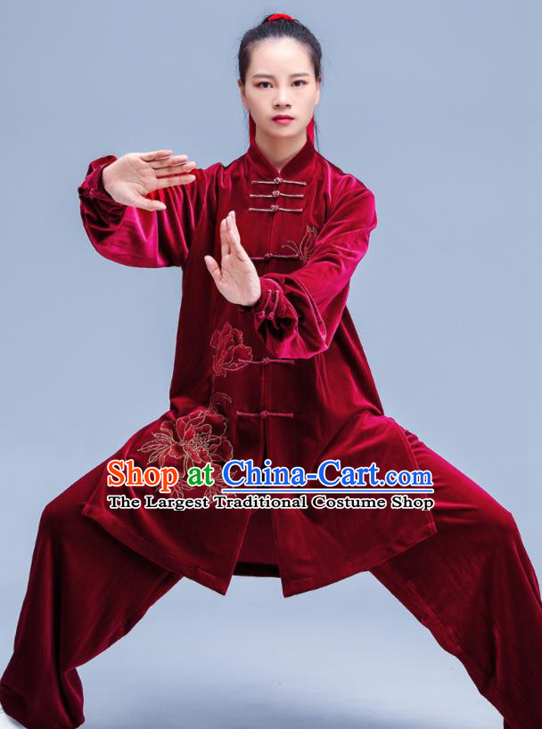 Professional Chinese Martial Arts Competition Clothing Tai Ji Sword Performance Costumes Tai Chi Training Uniforms Kung Fu Wine Red Pleuche Outfits