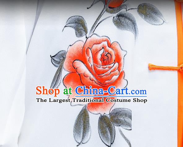 Chinese Kung Fu Hand Painting Rose White Outfits Martial Arts Competition Clothing Tai Ji Performance Costumes Tai Chi Training Uniforms