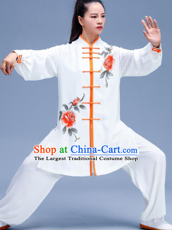 Chinese Kung Fu Hand Painting Rose White Outfits Martial Arts Competition Clothing Tai Ji Performance Costumes Tai Chi Training Uniforms