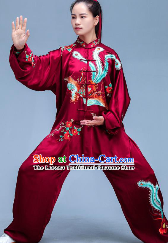 Chinese Tai Chi Training Uniforms Kung Fu Wine Red Silk Outfits Martial Arts Clothing Tai Ji Competition Costumes