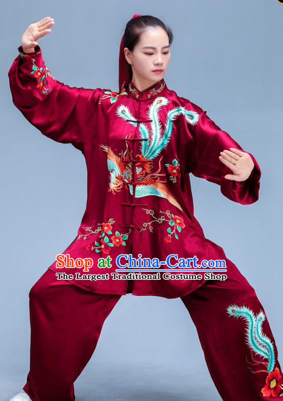 Chinese Tai Chi Training Uniforms Kung Fu Wine Red Silk Outfits Martial Arts Clothing Tai Ji Competition Costumes
