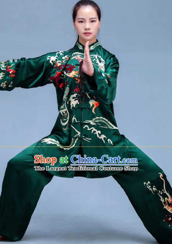 Chinese Tai Ji Competition Costumes Tai Chi Training Uniforms Kung Fu Deep Green Silk Outfits Martial Arts Embroidered Clothing