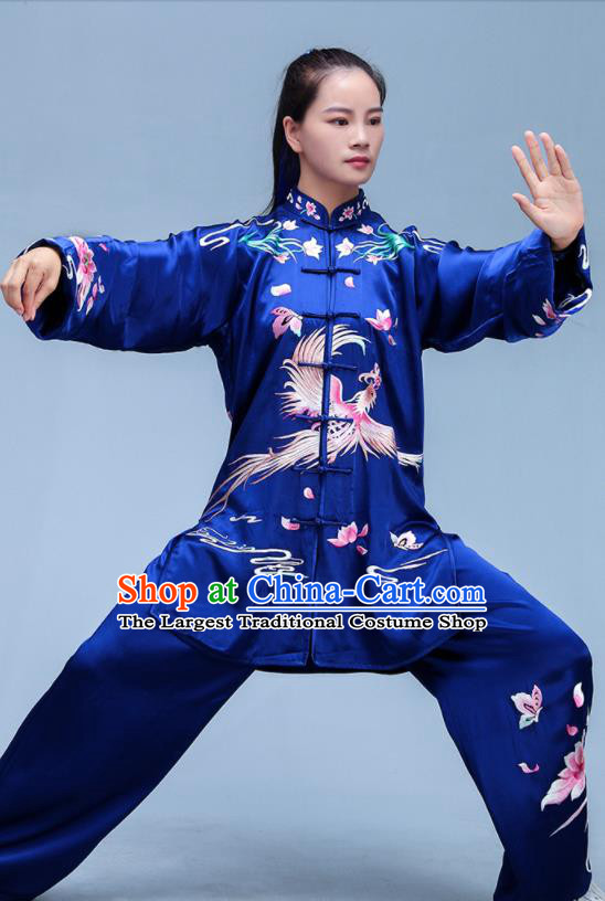 Chinese Tai Chi Uniforms Kung Fu Training Royalblue Silk Outfits Martial Arts Embroidered Phoenix Clothing Tai Ji Competition Costumes