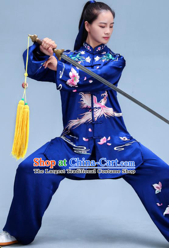 Chinese Tai Chi Uniforms Kung Fu Training Royalblue Silk Outfits Martial Arts Embroidered Phoenix Clothing Tai Ji Competition Costumes