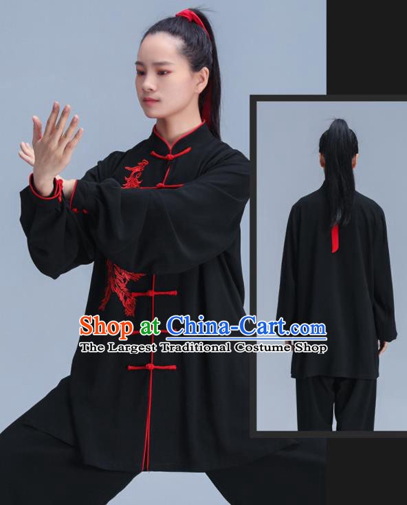Chinese Kung Fu Black Outfits Martial Arts Embroidered Phoenix Peony Clothing Tai Ji Competition Costumes Tai Chi Training Uniforms