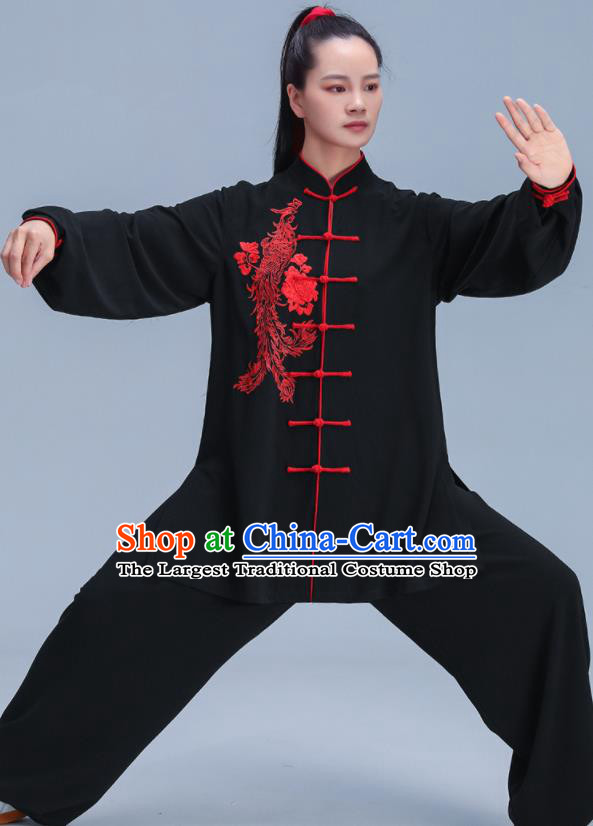 Chinese Kung Fu Black Outfits Martial Arts Embroidered Phoenix Peony Clothing Tai Ji Competition Costumes Tai Chi Training Uniforms