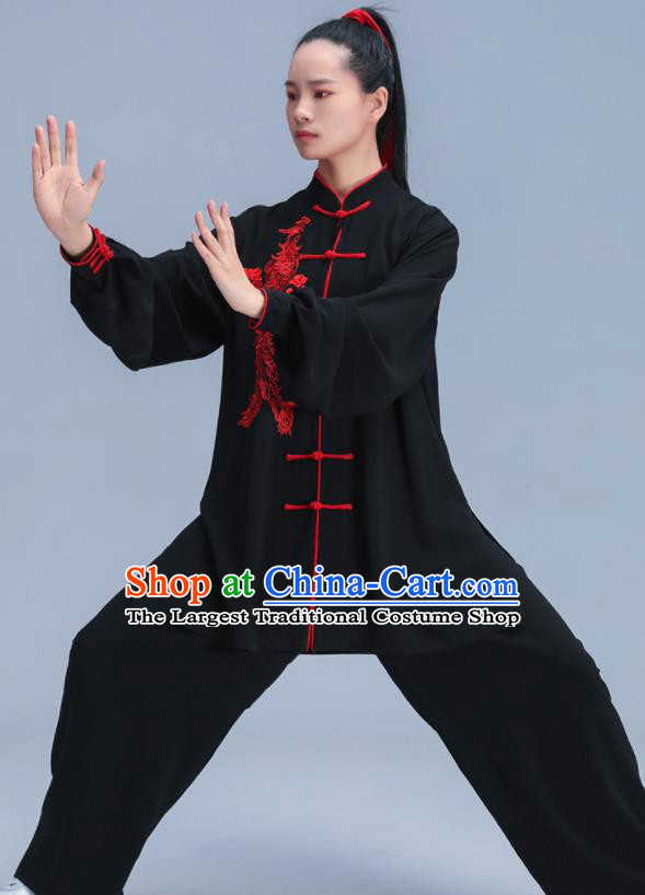 Chinese Kung Fu Black Outfits Martial Arts Embroidered Phoenix Peony Clothing Tai Ji Competition Costumes Tai Chi Training Uniforms