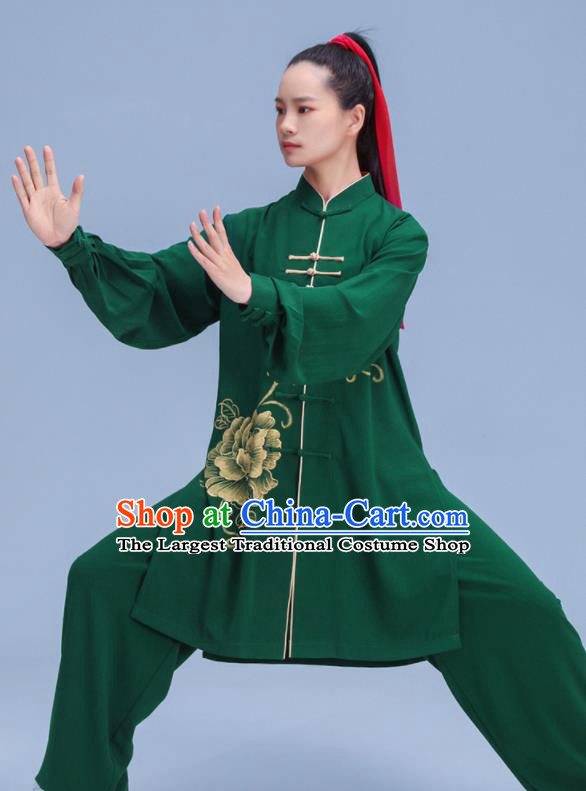 Chinese Tai Chi Training Uniforms Hand Painting Peony Green Outfits Martial Arts Clothing Kung Fu Competition Costumes