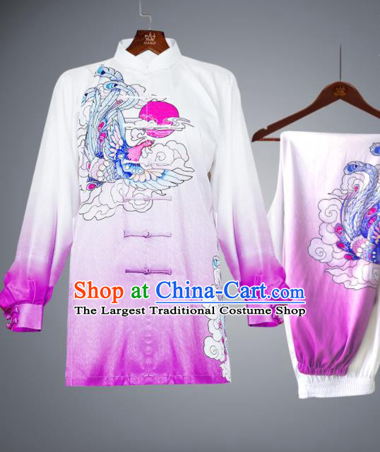 Chinese Wushu Competition Printing Phoenix Outfits Martial Arts Clothing Kung Fu Costumes Tai Chi Training Gradient Purple Uniforms