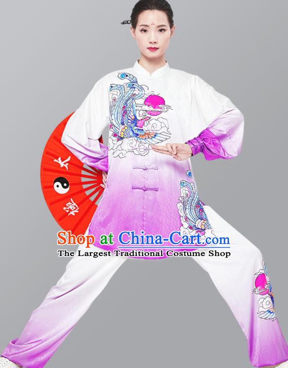 Chinese Wushu Competition Printing Phoenix Outfits Martial Arts Clothing Kung Fu Costumes Tai Chi Training Gradient Purple Uniforms