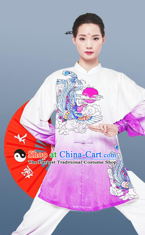 Chinese Wushu Competition Printing Phoenix Outfits Martial Arts Clothing Kung Fu Costumes Tai Chi Training Gradient Purple Uniforms