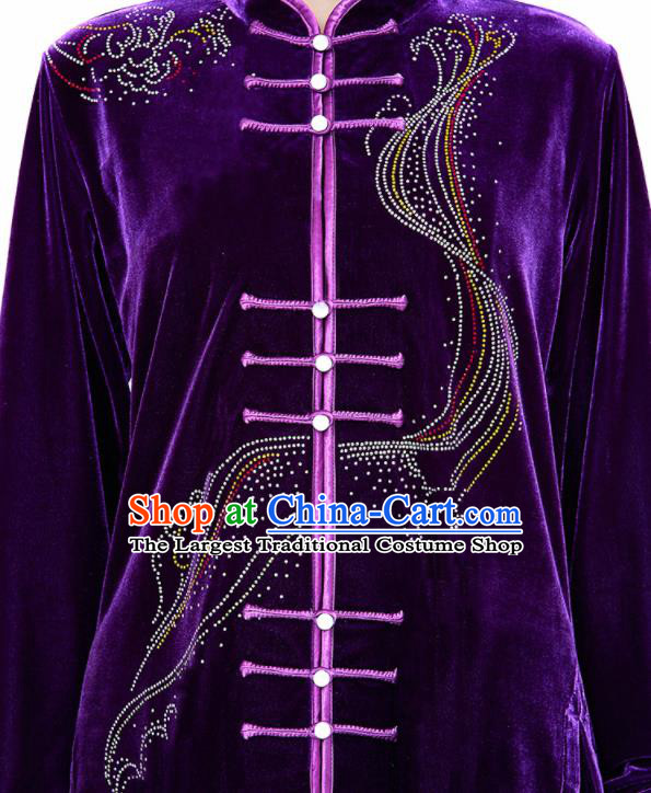Chinese Kung Fu Garment Costumes Tai Chi Training Uniforms Wushu Competition Purple Pleuche Outfits Martial Arts Clothing