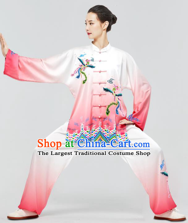 Chinese Tai Chi Printing Phoenix Pink Uniforms Wushu Competition Outfits Martial Arts Kung Fu Clothing Tai Ji Sword Garment Costumes